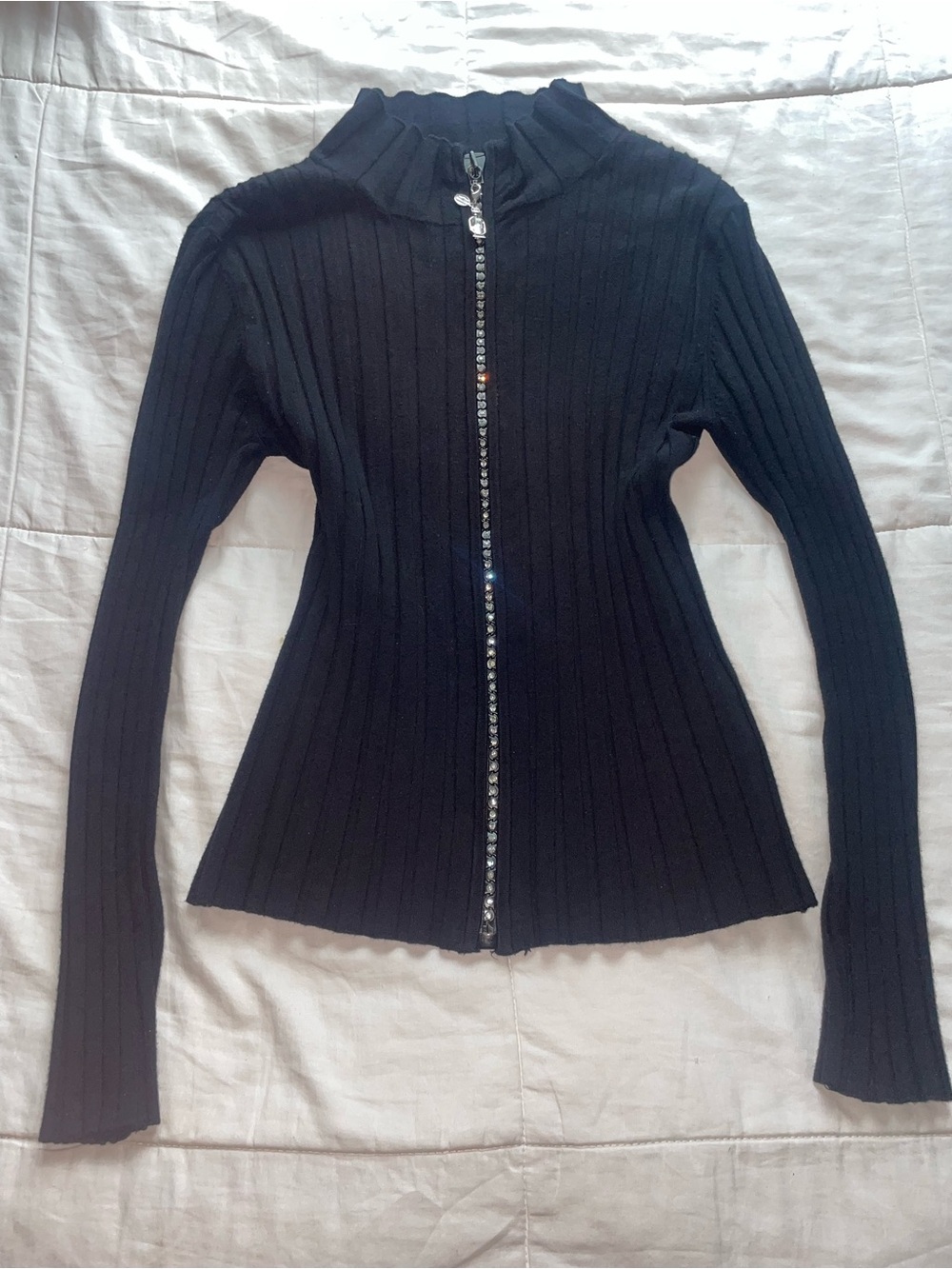 Vintage Black Ribbed Mock Neck Rhinestone Zipper Sweater Medium Y2K McBling 2000